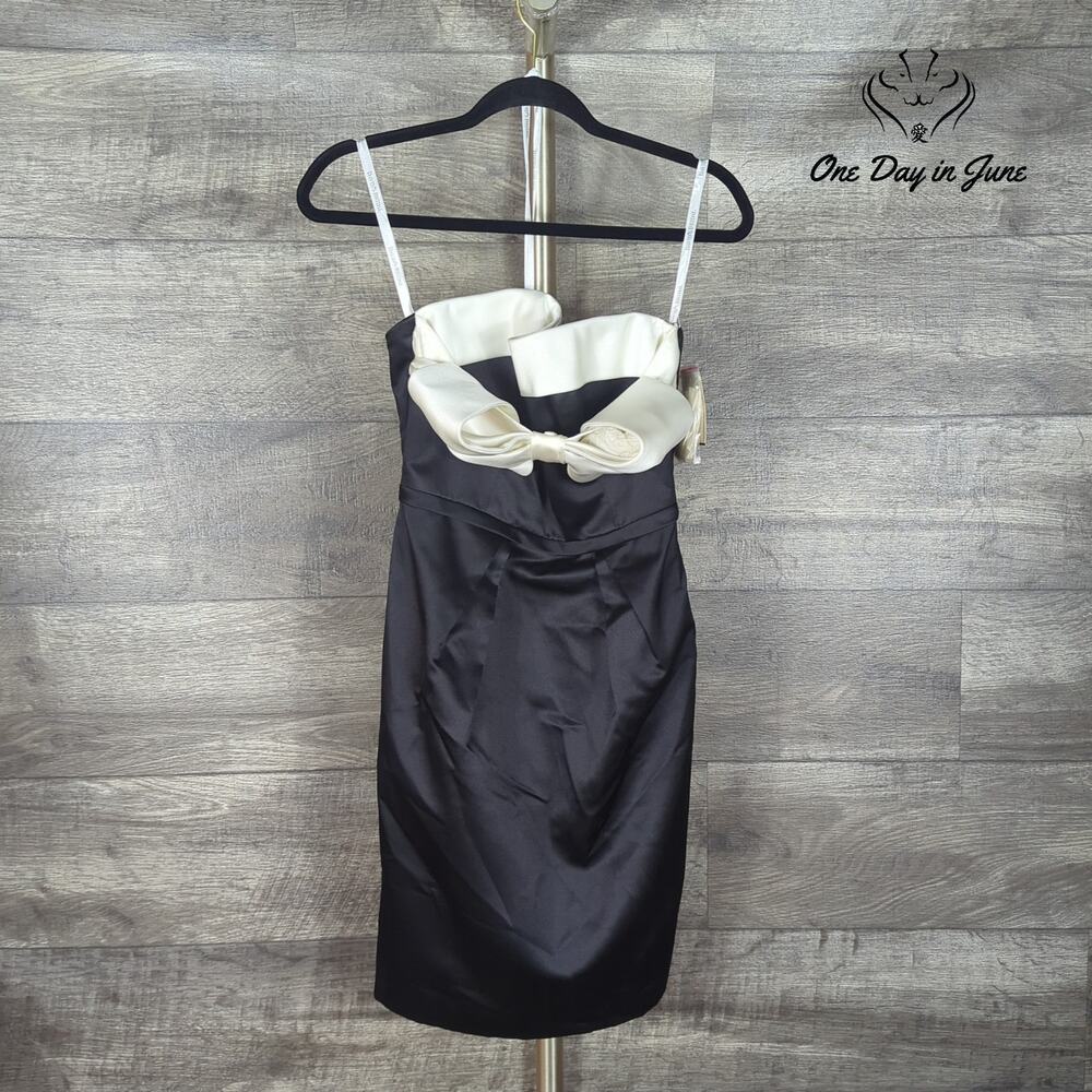 David's Bridal Black Ivory Satin Bow Strapless Cocktail Dress NWT Size 4